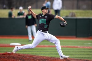 Brenden Roder throw a pitch during Ohio's baseball game against Marshall on Wednesday, March 16, 2022. [Joseph Scheller | WOUB]