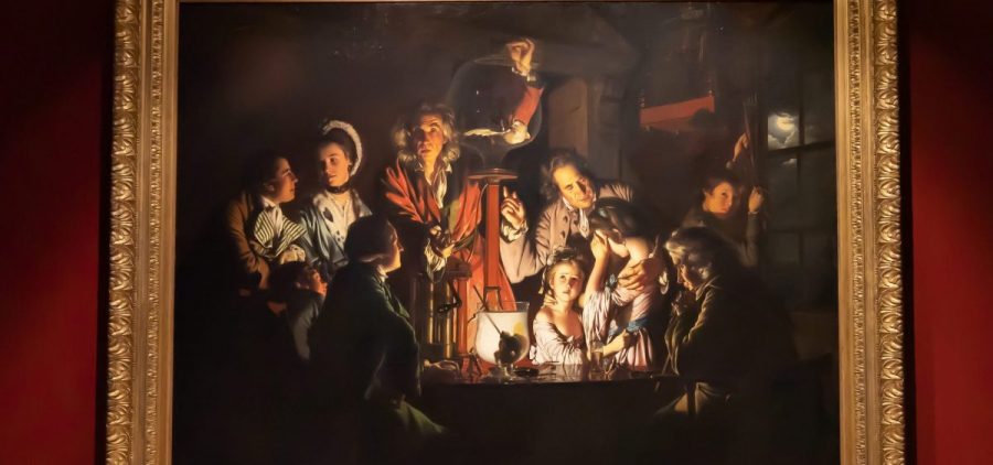 Installation view of Joseph Wright of Derby's An Experiment on a Bird in the Air Pump, in "Science and the Sublime: A Masterpiece by Joseph Wright of Derby."