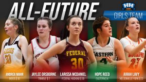 A graphic of basketball players on a grey background. Andrea Mahr, Meigs 30; Jaylee Orsborne, Trimble 2; Larissa McDaniel, Federal Hocking 30; Hope Reed, Eastern 4; Airah Lavy, Nelsonville-York 23