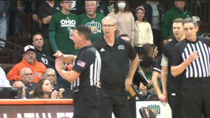 Ohio head coach Jeff Boals looks on in disbelief as a referee calls two technical fouls on Jason Carter in the second half of Ohio's game at Bowling Green.