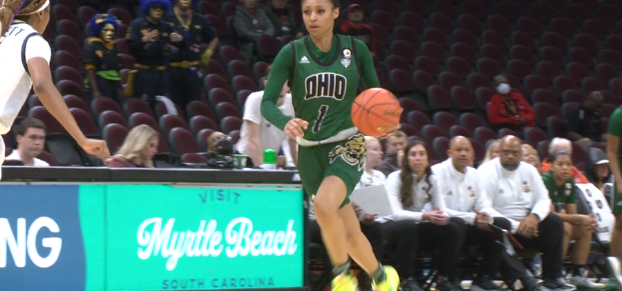 Ohio's Cece Hooks drives to the hoops in the Bobcats' game against Toledo in the MAC Quarterfinals on March 9, 2022.