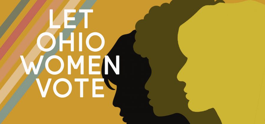 side view drawing of three womens faces with Let Ohio Women Vote logo