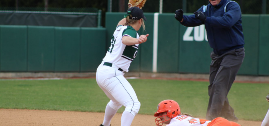 Ohio's Megan McMenemy (21) looks at the umpire as he calls an out after a Bowling Green baserunner attempted to steal second base on March 25, 2022. [Jensen Knecht | WOUB]