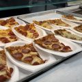 Some of the pizza on display in the cafeteria.