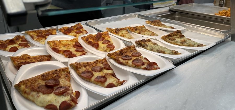 Some of the pizza on display in the cafeteria.