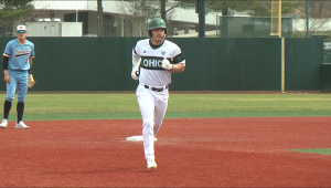 Ohio's AJ Rausch in his homerun trot following his homerun in the fourth inning against Kent State on March 18, 2022.