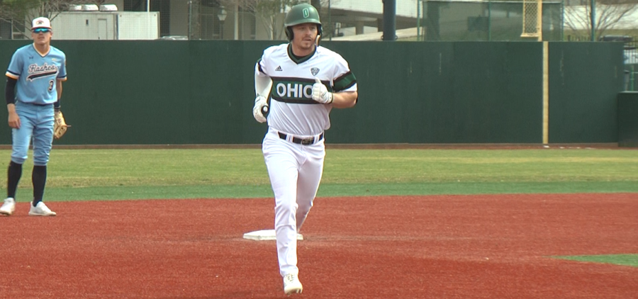 Ohio's AJ Rausch is in his homerun trot following his homerun in the fourth inning against Kent State on March 18, 2022.