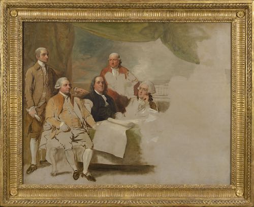 Left to right: John Jay, John Adams, Benjamin Franklin, Henry Laurens and William Temple Franklin. Painting by Benjamin West