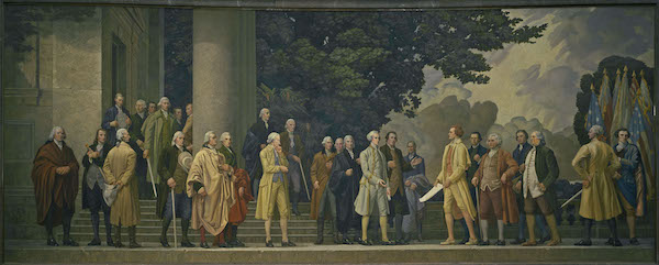 Declaration of Independence mural by Barry Faulkner, 1936. Among those pictured are Samuel Adams, John Adams, Thomas Jefferson, Benjamin Franklin, Roger Sherman, and John Hancock.