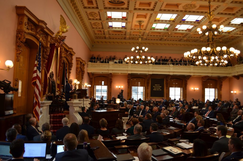Gov. Mike DeWine (R-Ohio) delivers his State of the State address to the Ohio General Assembly in the Ohio House chamber.