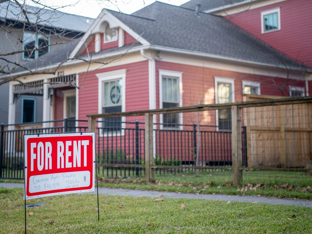 A 'For Rent' sign is posted near a home in Houston on Feb. 7 in Houston.