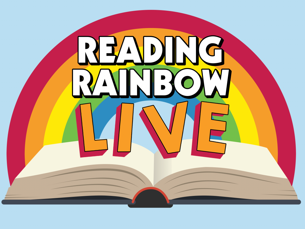 The reading rainbow live logo has an open book with a rainbow coming out of the pages