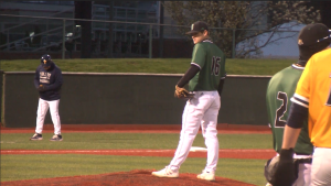 Ohio redshirt freshman pitcher Luke Borer (16) looks on from the mound in the ninth inning of the Bobcats' game against Toledo on April 9, 2022.