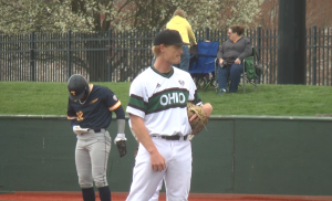 Ohio's Eddie Kutt prepares to throw a pitch in the Bobcats' game against Toledo on April 8, 2022.