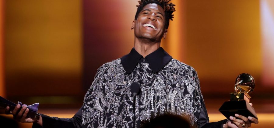 Jon Batiste accepts the Grammy for album of the year at the 64th annual Grammy Awards, presented Sunday, April 3 in Las Vegas.