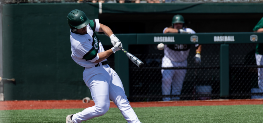 Ohio's Spencer Harbert swings and hits a homerun to bring in three runners in the fourth inning of its game against Canisius.
