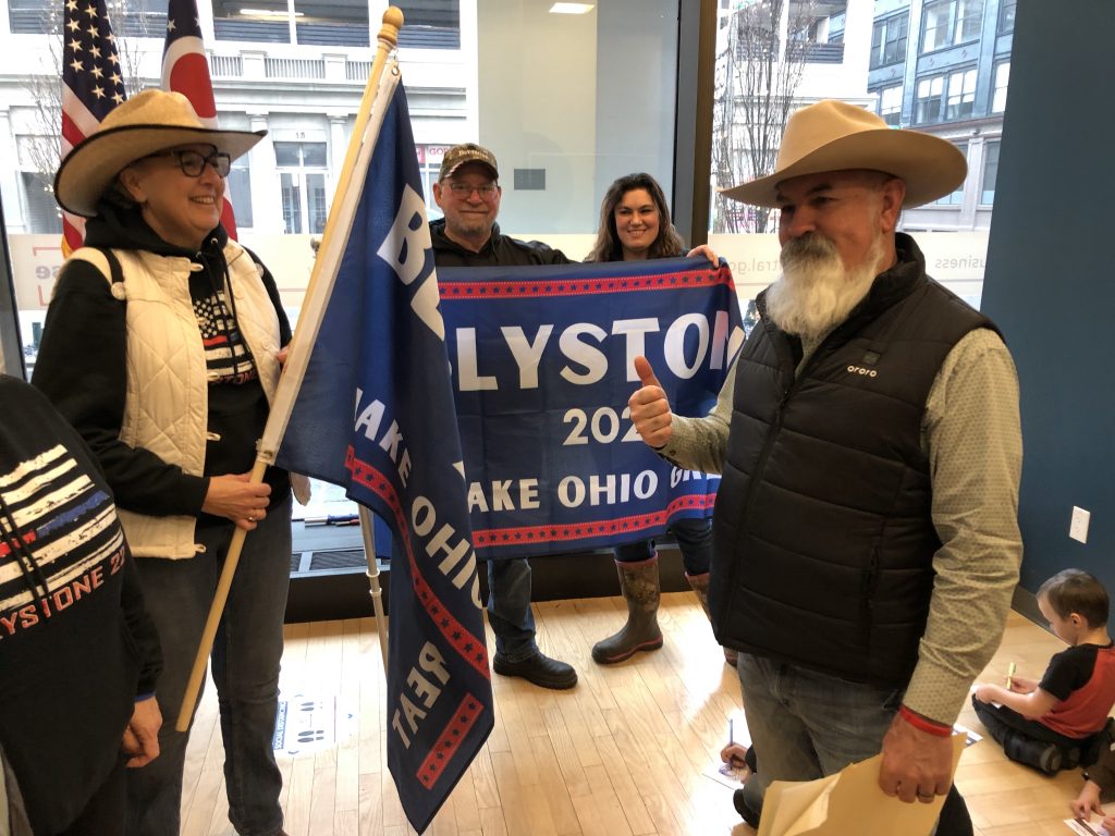 Republican candidate for Ohio Governor Joe Blystone files his paperwork at the Ohio Secretary Of State's office with supporters with him