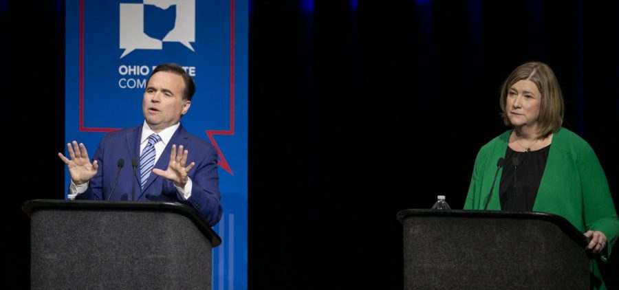 John Cranley, former mayor of Cincinnati, responds to a question in the Ohio Gubernatorial Democratic Primary Debate with Nan Whaley, former mayor of Dayton, at the Paul Robeson Cultural & Performing Arts Center at Central State University in Wilberforce, Ohio