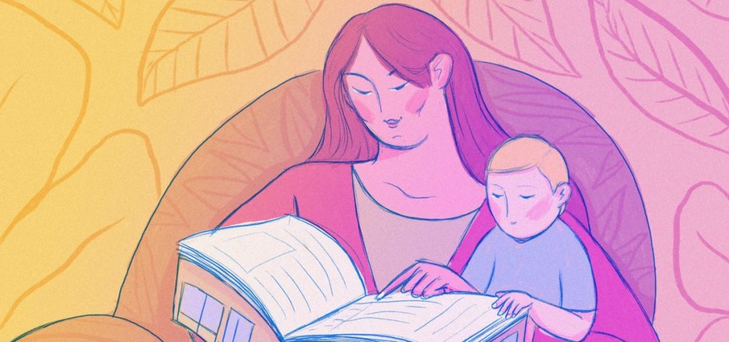 A drawing of a Mother and child reading together.