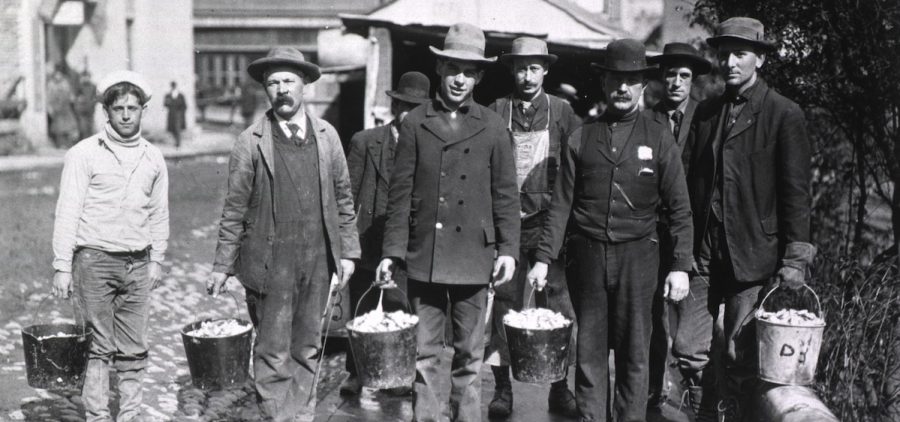 Workers holding buckets of rat bait. San Francisco, CA. 1907