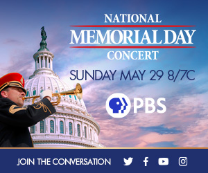 Tune in ad for memorial day concert. Bugeler shown imposed over US capital peak