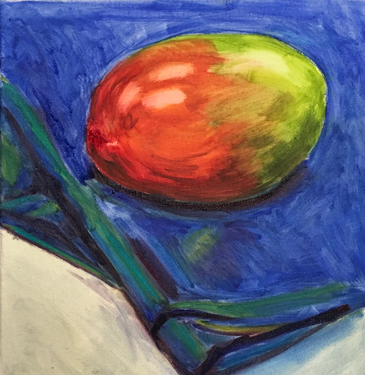 A painting of a mango on a blue surface next to a white surface.