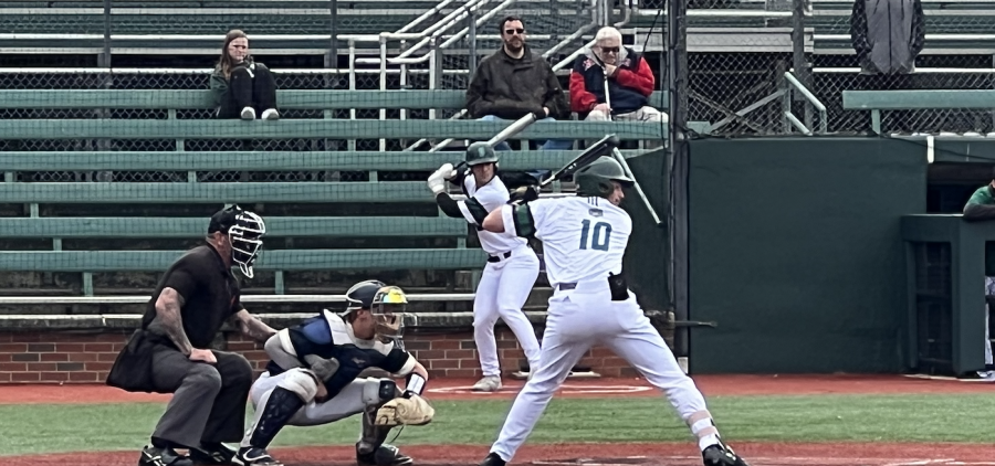 Ohio Baseball's Mason Minzey prepares to swing his bat, looking to get on base.