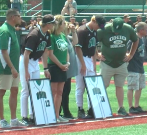Seniors Jack Liberatore (12) and Edward Kutt IV (18) celebrate senior day along with family before Ohio's game against Western Michigan on May 21.