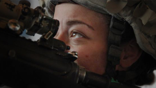 military soldier looking through scope of rifle