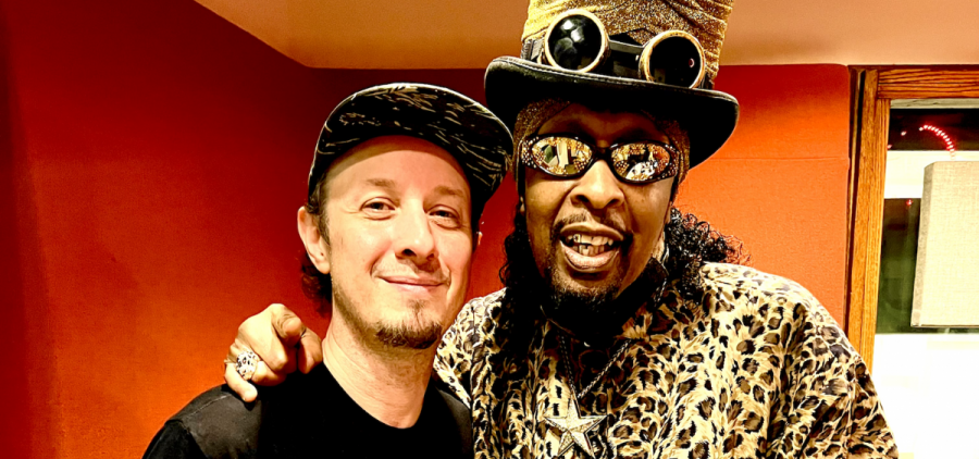 Bootsy Collins puts his arm around Adam Deitch of the band Lettuce