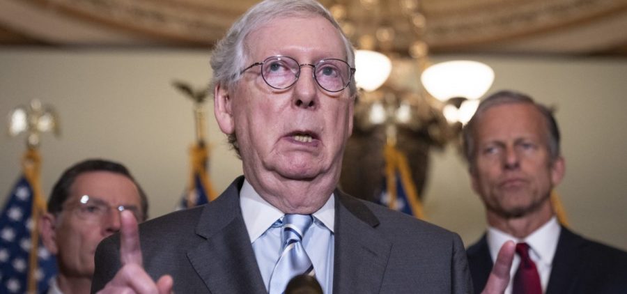 Senate Minority Leader Mitch McConnell, seen here speaking during a news conference after a Senate Republican lunch meeting on June 7, 2022