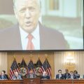 A video of former President Donald Trump from his Jan. 6 Rose Garden statement is played as Cassidy Hutchinson, a former top aide to White House Chief of Staff Mark Meadows, testifies during the sixth hearing held by the House select committee investigating the Capitol insurrection