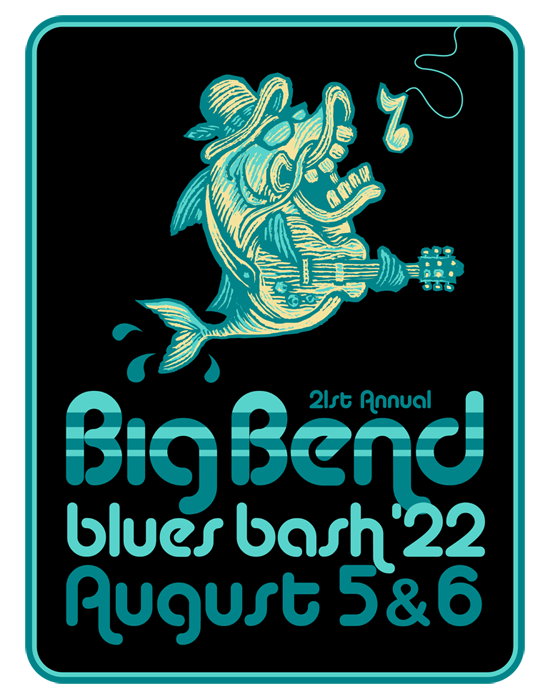 The logo for the 2022 Big Bend Blues Bash is a cartoon catfish wearing a hat and holding a guitar.