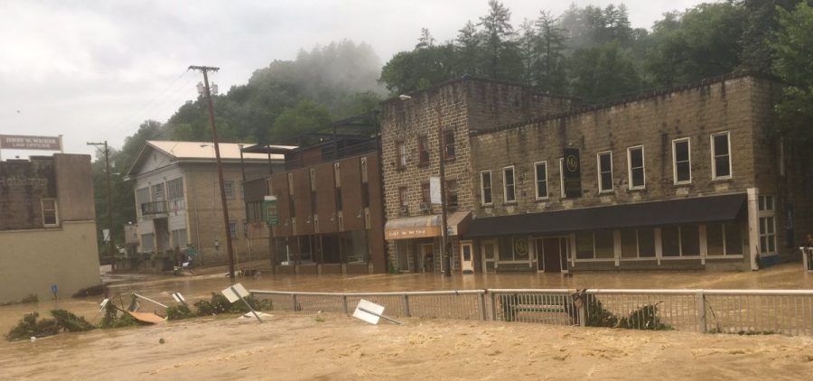 Troublesome Creek floods the streets of Hindman, Kentucky.