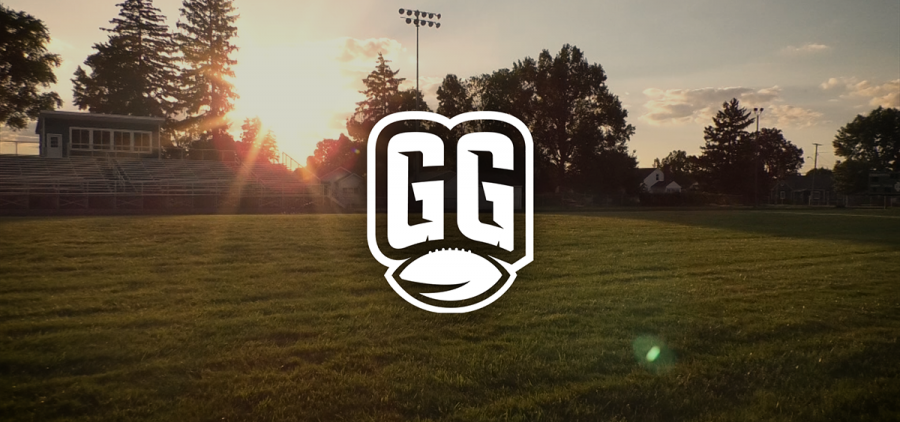 Gridiron Glory logo. Sunset falls on an empty football practice field