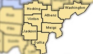 A map shows the six counties Hopewell Health is assisting schools in. Athens, Gallia, Hocking, Jackson, Meigs, Vinton and Washington.