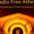 A graphic to display the schedule for the Radio Free Athens program this week. The names of the DJs are against the image of an old time radio.