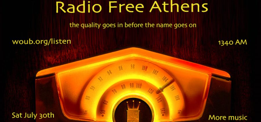A graphic to display the schedule for the Radio Free Athens program this week. The names of the DJs are against the image of an old time radio.