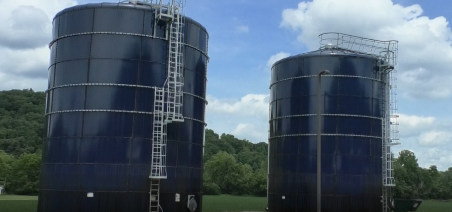 Two water tanks outside of Nelsonville's water treatment center