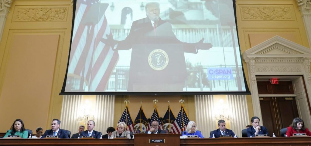 A video of former President Donald Trump speaking during a rally near the White House on Jan. 6, 2021, is shown at a June 9 hearing before the House Jan. 6 committee.