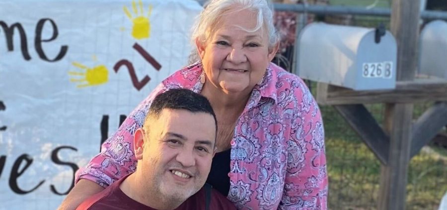 Teacher Arnulfo Reyes and his mother Rosemary Reyes attend an event honoring his return from the hospital after the shooting at Robb Elementary School in Uvalde, Texas.