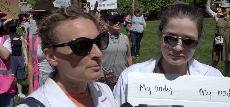 Dr. Catherine Romanos, a Columbus area OB/GYN and another doctor, protest on behalf of abortion rights at the Ohio Statehouse prior to the Dobbs decision by the U.S. Supreme Court that overturned abortion rights in the U.S.