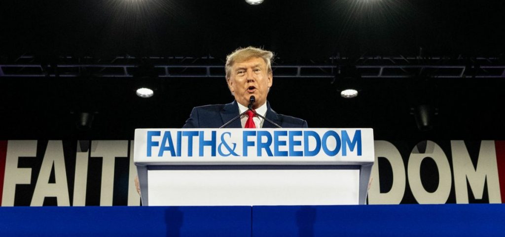 Former U.S. President Donald Trump gives the keynote address at the Faith & Freedom Coalition during their annual "Road To Majority Policy Conference" at the Gaylord Opryland Resort & Convention Center 