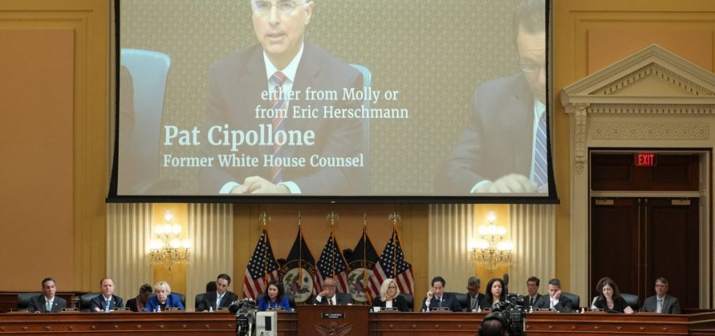 A video of Pat Cipollone, former White House counsel, is shown on a screen during the seventh hearing held by the Select Committee to Investigate the January 6th Attack on the U.S. Capitol on Tuesday.