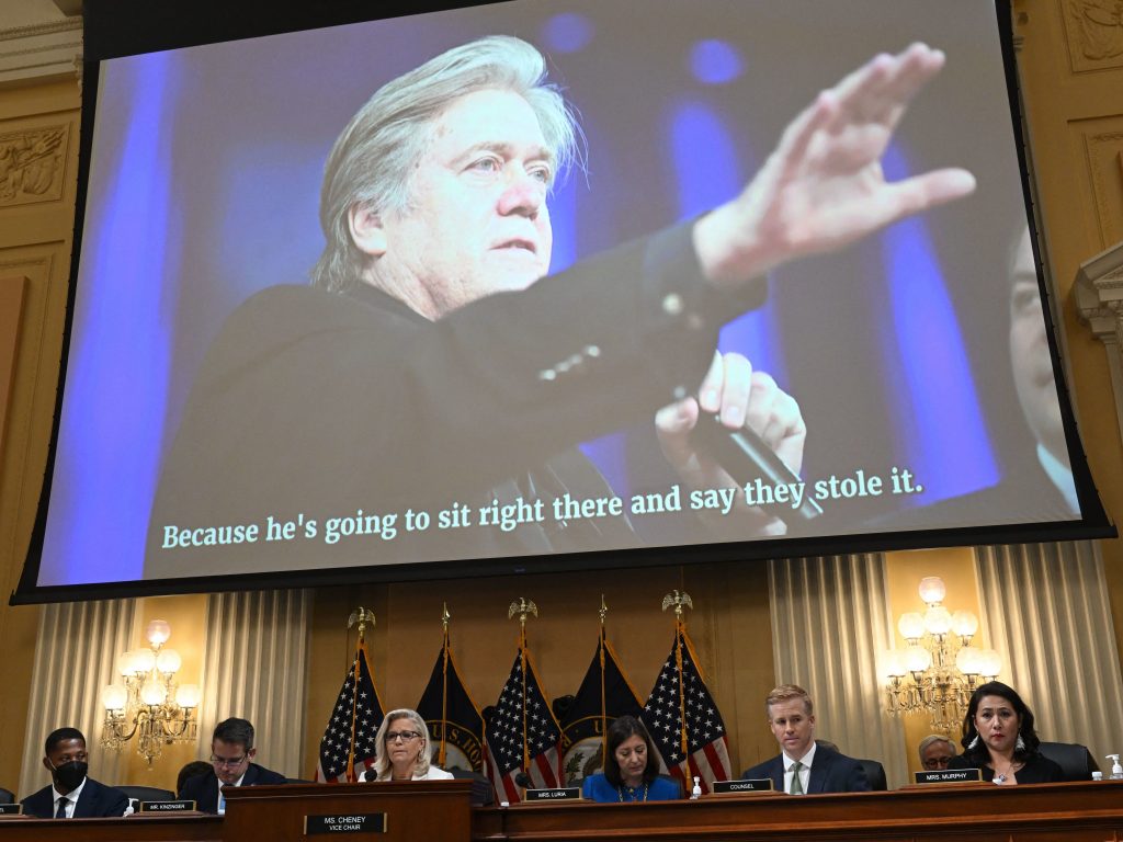 A video of former White House Chief Strategist Steve Bannon is displayed on a screen during a hearing by the House Select Committee to investigate the January 6th attack on the US Capitol in the Cannon House Office Building in Washington, DC, on July 21, 2022.