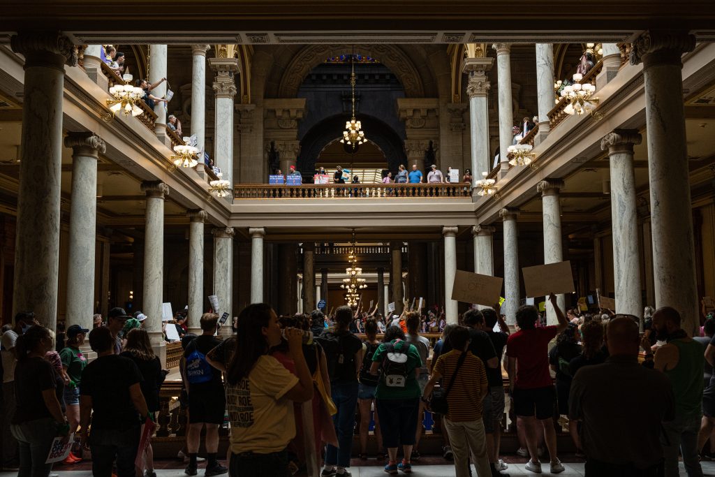 Protesters gather within the Indiana State Capitol building on July 25, 2022 in Indianapolis, Indiana