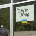 A Little Wing sign hangs in the window of a storefront