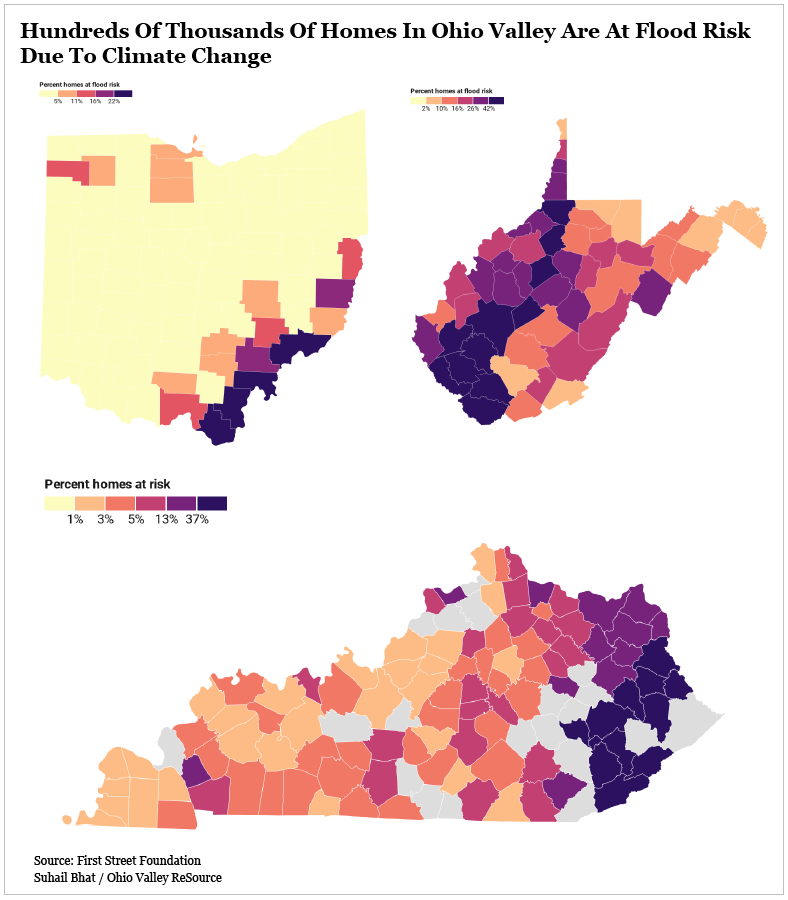 A map highlights homes in the ohio valley at risk of floods because of climate change