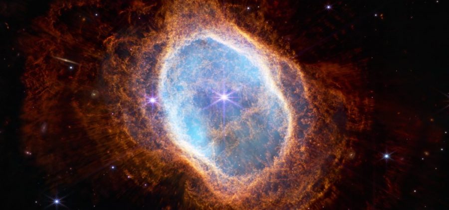 The bright star at the center of NGC 3132, Southern Nebula Ring, while prominent when viewed by NASA's Webb Telescope in near-infrared light, plays a supporting role in sculpting the surrounding nebula. A second star, barely visible at lower left along one of the bright star's diffraction spikes, is the nebula's source.