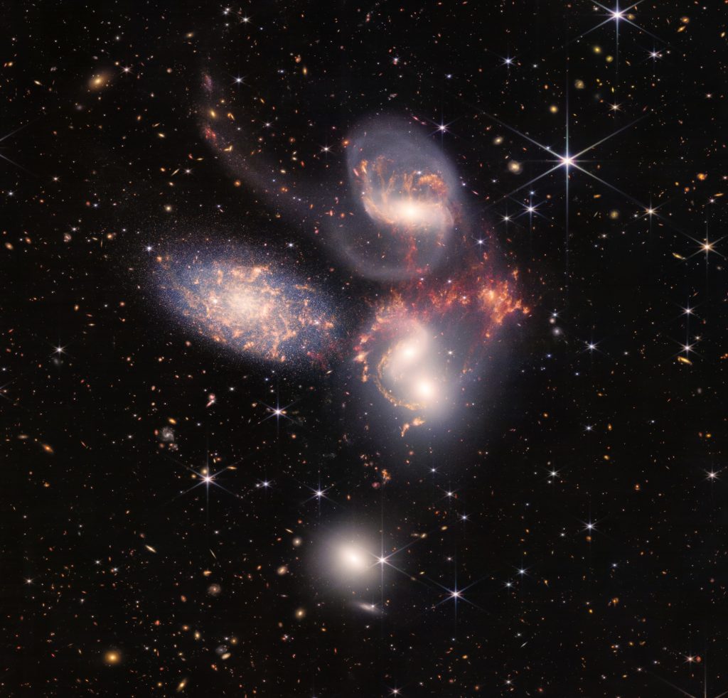 An enormous mosaic of Stephan's Quintet is the largest image to date from NASA's James Webb Space Telescope, covering about one-fifth of the Moon's diameter. It contains over 150 million pixels and is constructed from almost 1,000 separate image files.